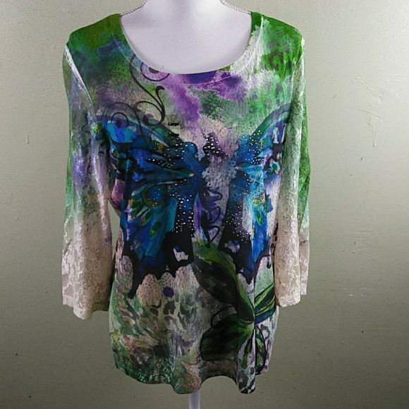 Closet Full Tops - Jeweled Butterfly Print Top with Lace Sleeves L